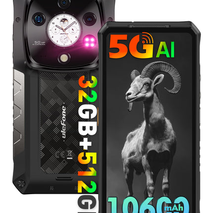 Ulefone Armor 28 Pro välistingimustes kasutatav mobiiltelefon 5G tehisintellektiga nutitelefon 32GB+512GB/SD-2TB, 6.67" FHD+ 120Hz AMOLED+1.04" alamekraan 10600mAh 120W 50MP + 50MP + 50MP + 64MP öönägemine Android 14/3 pesa/OTG/NFC must