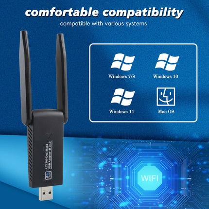 BOOBRIE WLAN-pulk arvutile, kahe sagedusribaga 2,4 GHz, 5 GHz antenniga, USB 3.0 adapter, 1300 Mbps koos MU-MIMO-ga, traadita WLAN-pulk sülearvutile/lauaarvutile/PC-le, ühildub Windows 10/8/7/Vista/XP ja Mac OS X-iga