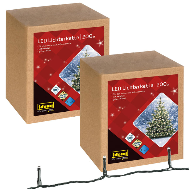 Idena 31869-2 - 2-osaline LED-valguskett 200 kuldkollase LED-iga, õues ja siseruumides kasutamiseks, 8-tunnise taimerifunktsiooni ja trafoga, umbes 29,9 m pikk, peokaunistuseks, jõulukaunistuseks