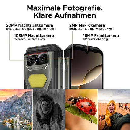 DOOGEE V MAX S 5G lukustamata õuenutitelefon, 22000mAh 33W, 24GB+256GB, 6.58" FHD+ 120Hz õuenutitelefon Android 14, kahekordne 1200LM telkimisvalgusti ehitusplatsi telefon 108MP+20MP, kahekordne kõlar/NFC/IP69K
