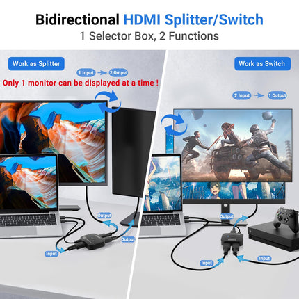 TCNEWCL 8K 60Hz HDMI lüliti 1 sisse 2 väljundit või jaotur 2 sisse 1 väljund toitekaabliga, 4K 120 Hz jaotur teleri/arvuti/sülearvuti/DVD/PS4/PS5/Xboxi/TV-pulga/mänguboksi/Blu-Ray mängija/projektori jaoks