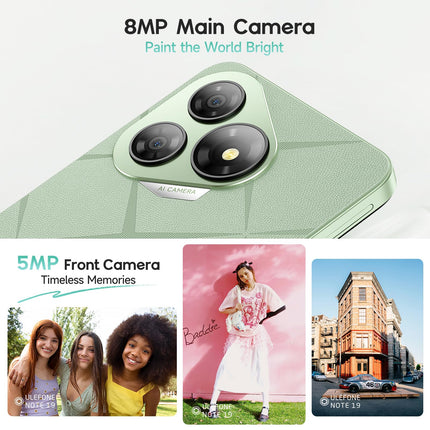 Ulefone Note 19 (2025) nutitelefon, Android 14, 6 GB + 64 GB ROM/SD-512 GB, kaheksatuumaline nutitelefon, soodne, 5000 mAh, 6,56-tolline HD+ mobiiltelefon, 8 MP + 5 MP, 4G nutitelefon ilma lepinguta, kahekordne SIM-kaart/Face ID/GPS/3 pesa - roheline