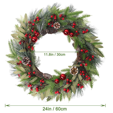 Weldomcor 60CM Christmas Wreath Door Wreath, Large Christmas Garland Fir Wreath with Christmas Balls Pine Cones Berry for Front Door Fireplace Wall Decoration