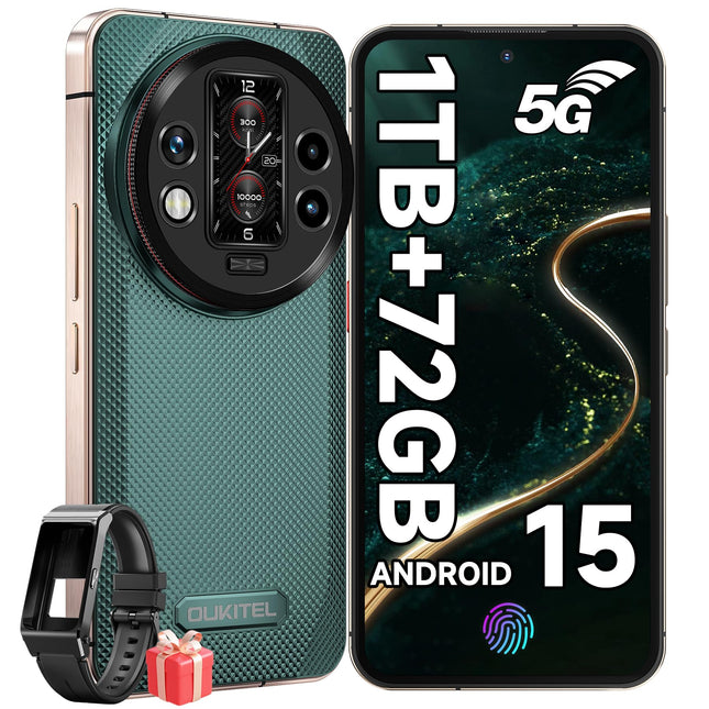OUKITEL WP200 PRO 5G Outdoor Mobile Phone with SmartWatch, 72GB RAM+1TB ROM Android 15 Outdoor Smartphone Without Contract, 6.7" FHD+120Hz AMOLED Display, 8800mAh/45W, 108MP+32MP, 5G Dual SIM/NFC/GPS/Earbuds/AI