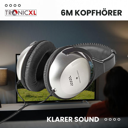 TronicXL TV kõrvaklapid kõrvaklapid peavõruga stereo 6m pikkused kaabeltelevisiooni televisioon, mis ühildub Sony, LG, Panasonic, Grundig, Samsung, Philips, Toshiba, Hisense, Medion kronsteiniga seenioride abistamiseks mõeldud televiisor