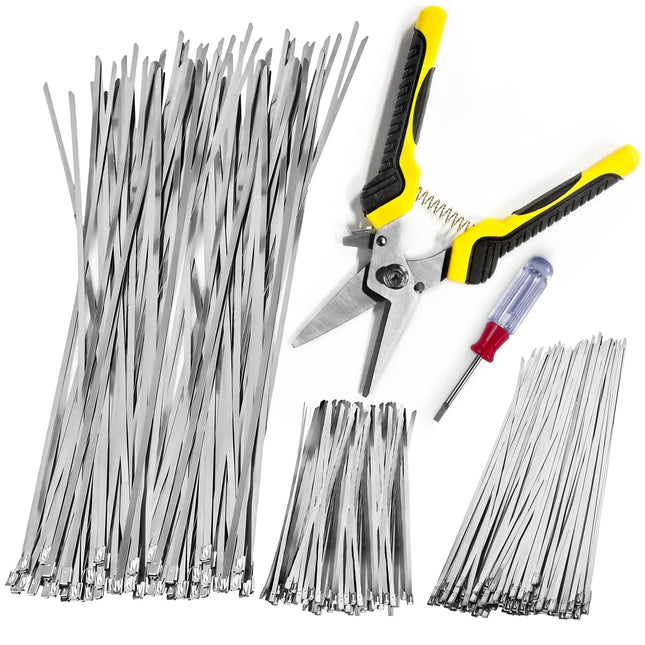 NICAVKIT 150 Pieces Stainless Steel Cable Ties and Cable Tie Cutter, 3 Sizes of 4.6 x 150mm 300mm 500mm Steel Cable Ties, Stainless Steel Metal Cable Ties for Fences, Pipes, etc. Outdoors
