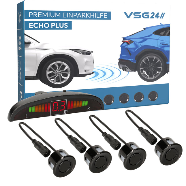 VSG24 Premium Parking Aid FRONT with display for retrofitting on the car, PDC parking sensors rear with plug-in system for easy installation - 4 reversing alarm sensors parking aid retrofit kit black