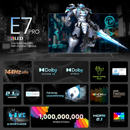 Hisense 85E7NQ Pro 215 cm (85-tollise) teleri komplekt, 4K UHD, QLED, nutiteler, Total HDR, Dolby Vision IQ Atmos, 144Hz (VRR), HDMI 2.1, mängurežiim PRO, kolmekordne tuuner HS3100 3.1