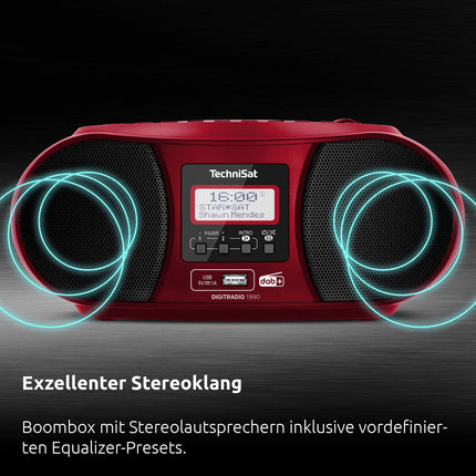 TechniSat DIGITRADIO 1990 - Stereo Boombox DAB+/FM-raadio ja CD-mängijaga (Bluetoothi ​​heli voogedastus, kõrvaklapipesa, USB, AUX-sisend, laadimisfunktsioon, kell, 2 x 1,5 W väljundvõimsus) Punane