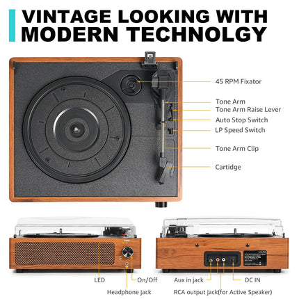 Record player with speakers, wireless LP phonograph with built-in stereo speakers, 3-speed belt drive, record player with speakers, Bluetooth, retro yellow