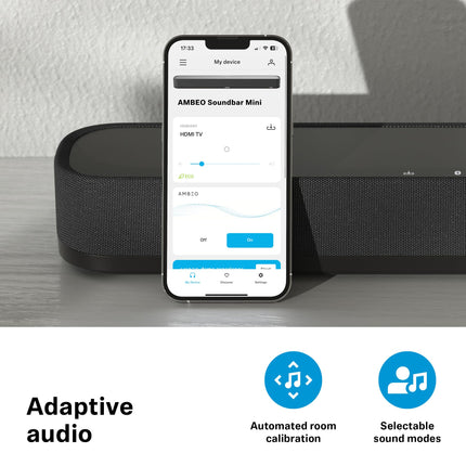 Sennheiser AMBEO Soundbar Mini – Kaasahaarav 3D-heli teleri, filmide ja muusika jaoks – Kompaktne seade võimsate adaptiivsete funktsioonide ja mitmekülgse ühenduvusega