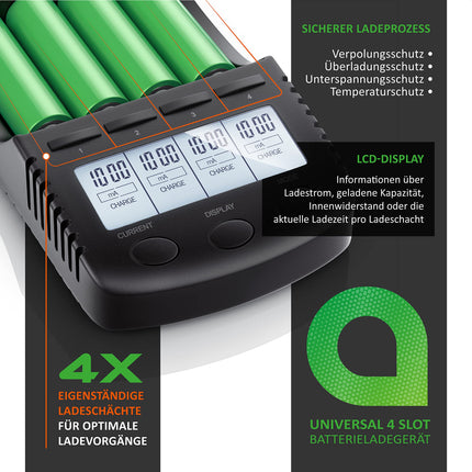 CSL - Power Battery Charger - universaalne akude laadimisjaam AA AAA 18650 akude jaoks - intelligentne akulaadija - valgustatud LCD-ekraan, automaatne tule väljalülitus - kaasas 1x USB laadimisport