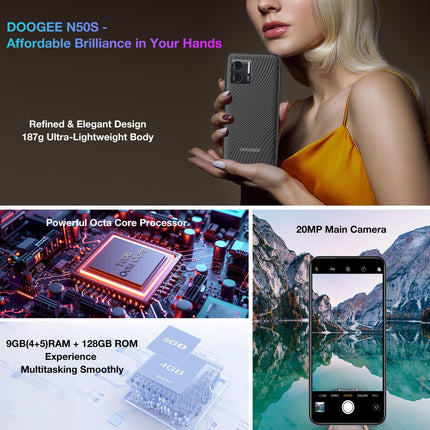 DOOGEE N50S Android 13 nutitelefon ilma lepinguta, 9GB + 128GB salvestusruum / 1TB laiendatav 6,52" HD+ ekraan, 4200mAh 10W kiirlaadimisega, 20MP kaamera, 4G kahe SIM-kaardiga odav mobiiltelefon 2024