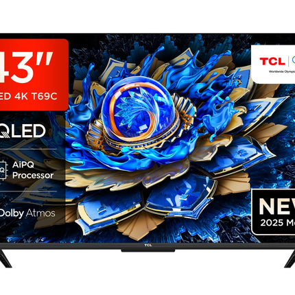 TCL 43T69C 43-tolline QLED, Direct LED-teler, 4K HDR-teler, nutikas Google TV (Dolby Vision ja Atmos, Game Master, liikumise selgus, ühildub Google Assistant ja Alexaga)