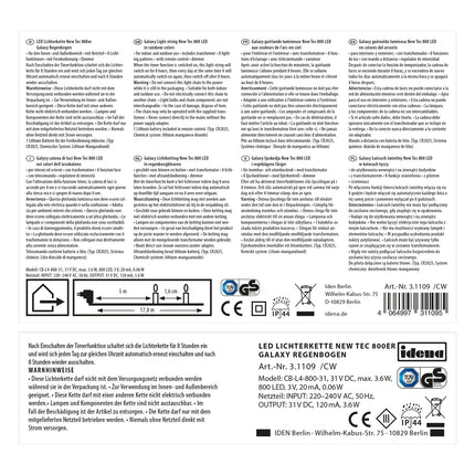 Idena 31109 - NewTeci LED-valguskett sise- ja välistingimustes kasutamiseks 800 LED-iga, vikerkaarevärvides valgustus 8 valgusastmega, dimmer, toiteplokk ja 8-tunnine taimerfunktsioon.