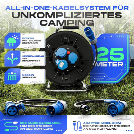 IntuiFlex Camping Cable Reel Set - CEE Cable 25m + 1.5m Connection Cable + CEE Adapter - Camping Cable H07RN-F 3G 2.5mm² for Caravan Motorhome Accessories IP44 Outdoor