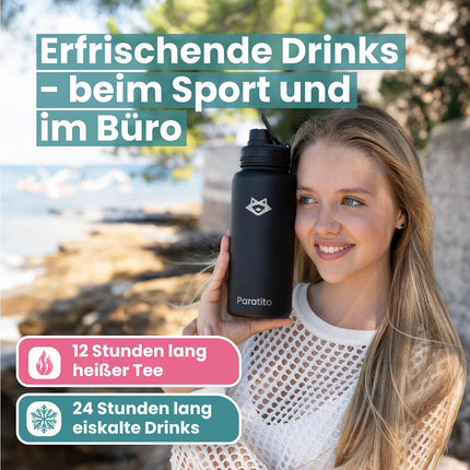 PARATITO® teepudel teesõela ja spordikorgiga 1000ml, lekkekindel, gaseeritud jookidele, nõudepesumasinas pestav - roostevabast terasest termospudel teele, külmpruulitud teele, kaasaskandmiseks (enimmüüdud komplekt sinine)