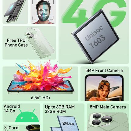 Ulefone Note 19 Android 14 nutitelefon lukustamata - 6GB+32GB/512GB mobiiltelefon ilma lepinguta, 6,56" HD+ nutitelefon, 8MP+5MP kaamera, 5000mAh mobiiltelefon, kahe SIM-kaardiga 4G lukustamata mobiiltelefonid, Face ID/GPS/OTG