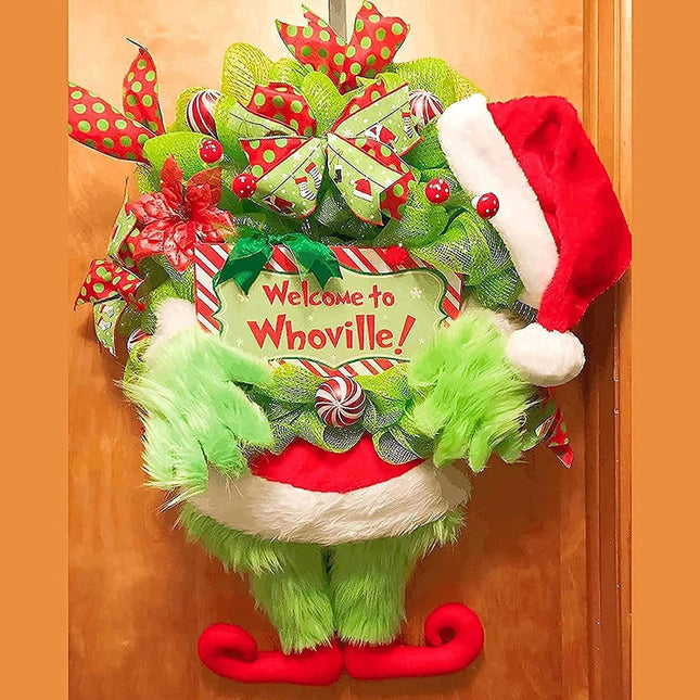 Christmas Thief Wreath for Front Door, Green Ivory Christmas Wreath Hanging Welcome Sign Home Decoration Indoor Outdoor (Green, 46 x 30 cm)