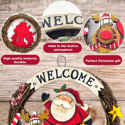 Christmas wreath woven, door wreath Welcome for Christmas, door sign Merry Christmas made of wood for door, window or wall, 24 cm