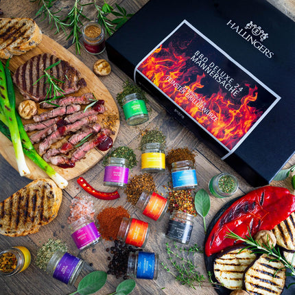 Hallingersi BBQ Deluxe 24 meesteeseme - käsitööna valminud vürtside kinkekomplekt, 24 BBQ-vürtsi üle maailma (komplekt) - emadepäeva- ja isadepäevakingitused | Uus kodu Palju õnne Sõpruse geen