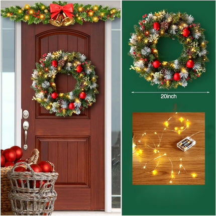 40CM door wreath Christmas illuminated, artificial Christmas wreath Advent wreath with Christmas tree balls and branches decorative wreath, Christmas decoration, Christmas decoration fir garland with lighting (A)