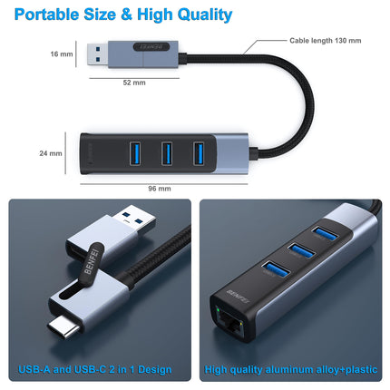 BENFEI Etherneti adapter 3*USB 3.0, USB Type-C/Type-A gigabitise Etherneti LAN-võrguadapteriga, ühildub iPhone 15 Pro/Max, MacBook Pro/Air 2023, iPad Pro, iMac, S23, XPS 17 jne.