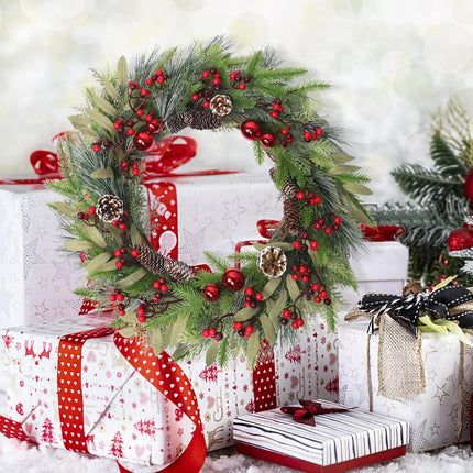 Weldomcor 60CM Christmas Wreath Door Wreath, Large Christmas Garland Fir Wreath with Christmas Balls Pine Cones Berry for Front Door Fireplace Wall Decoration