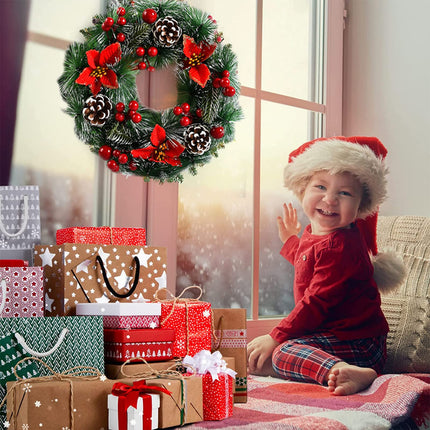 Christmas wreath, artificial Christmas wreath for the door, Christmas door wreath decoration with Santa Claus, flocked red berries, pine cones, for front door outdoor, decoration wreath