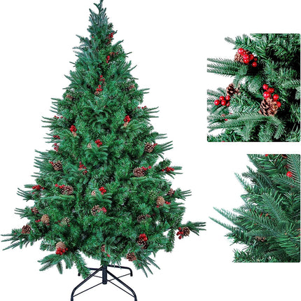 himaly kunstkuused 210 cm 900 otsaga PVC/PE materjalist elutruu jõulupuu, 60 tk männikäbisid, 60 tk punaseid vilju, jõulukaunistuse alus, korduvkasutatav roheline kuusk