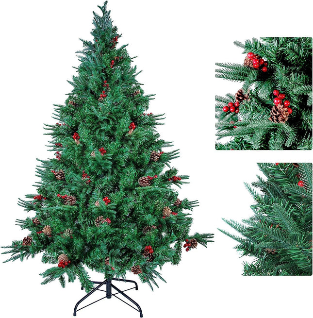 himaly kunstkuused 210 cm 900 otsaga PVC/PE materjalist elutruu jõulupuu, 60 tk männikäbisid, 60 tk punaseid vilju, jõulukaunistuse alus, korduvkasutatav roheline kuusk