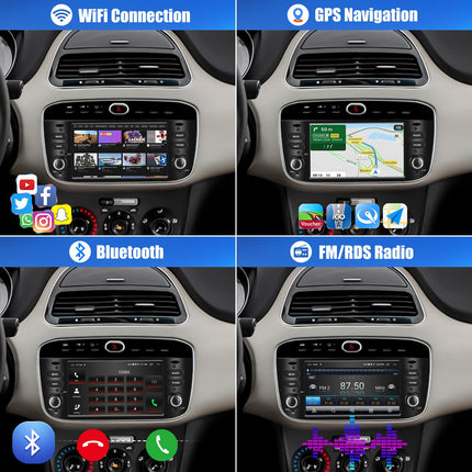 [2+64G] SIXWIN Android 13 autoraadio Punto (10-16)/Linea (12-15) mudelitele koos Carplay/Android Auto/Mirrorlinkiga, 6,2-tolline mahtuvuslik puuteekraan, toetab WiFi, GPS, FM, Bluetooth EQ