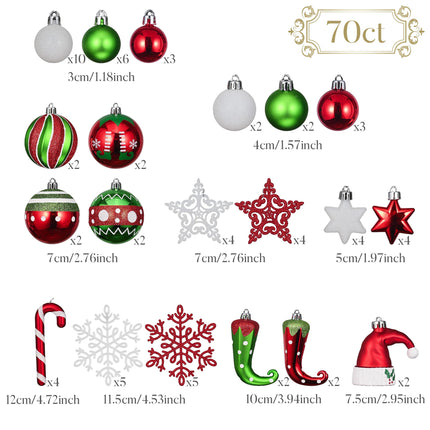Valery Madelyn Christmas Ornament Set, 70 Carat Elf Red Green White Shatterproof Christmas Tree Decorations Ball Ornaments Decorative Hanging Ornaments for Christmas Trees Holiday Party Decoration