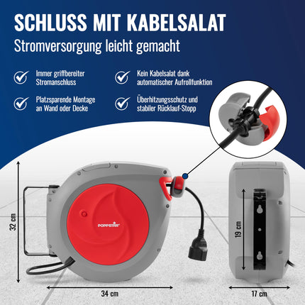 Poppstar automaatne kaablirull 15m + 1,5m (max. 2500W) Automaatne kaablirull, isekeriv, IP20 seinale ja lakke paigaldamiseks