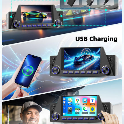 Autoraadio 1 DIN juhtmevaba CarPlayga, Android Auto 5-tolline puutetundlik ekraan, Bluetooth-ühendusega autostereo, toetab MirrorLinki/FM-raadiot/EQ-d/C-tüüpi laadimist/2 USB/AUX/SWC+tagurduskaamera kaugjuhtimispulti