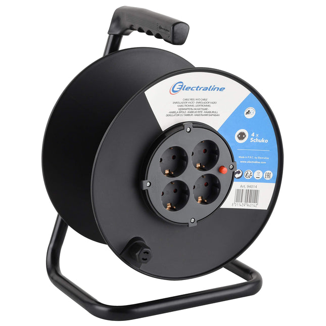 Electraline 94014 tühi kaablitrumli korpus (4 pistikupesa, 50 meetrit mähisevõimet) must