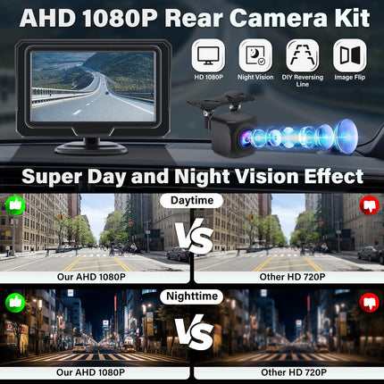 Vtopek AHD 1080P Rear View Camera Car Kit Reversing Camera with 4.3" Monitor 5 Reversing Line IP68 Waterproof Night Vision Reversing Camera Retrofit Parking Aid Reversing Camera Cable for Motorhome Truck RV