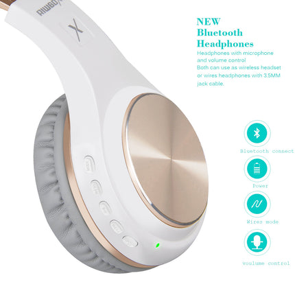 Riwbox Bluetooth kõrvaklapid, XBT-80 kokkupandavad juhtmevabad stereo kõrvaklapid mikrofoni ja helitugevuse regulaatoriga, juhtmega ja juhtmevabad, arvuti/mobiiltelefonide/teleri jaoks (valge ja kuldne)