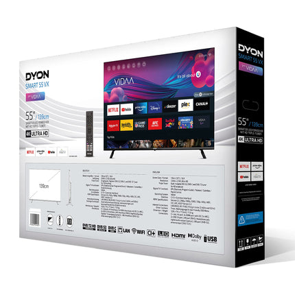 DYON Smart 55 VX - 55-tolline (139 cm) 4K UHD nutiteler HD kolmekordse tuuneriga (DVB-C/-S2/-T2), App Store'i, Prime Video, Netflixi, YouTube'i, DAZN-i, Disney+ ja hotellirežiimiga