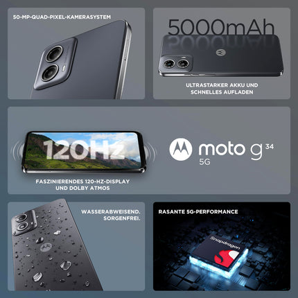 Motorola Moto g34 5G Smartphone (6.53" HD+ display, 50 MP camera, 4 GB / 128 GB, 5000 mAh, Android 14) Charcoal Black, incl. protective cover [Exclusively at Amazon]