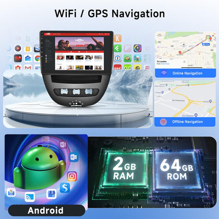 2G+64G autoraadio Android 13 Toyota Aygo/Peugeot 107/Citroen C1 2004-2014, 10,1-tolline HD puutetundliku ekraaniga autoraadio juhtmevaba Carplayga, Android Auto, GPS, Wi-Fi, USB, Bluetooth, FM, RDS, tahavaatekaamera