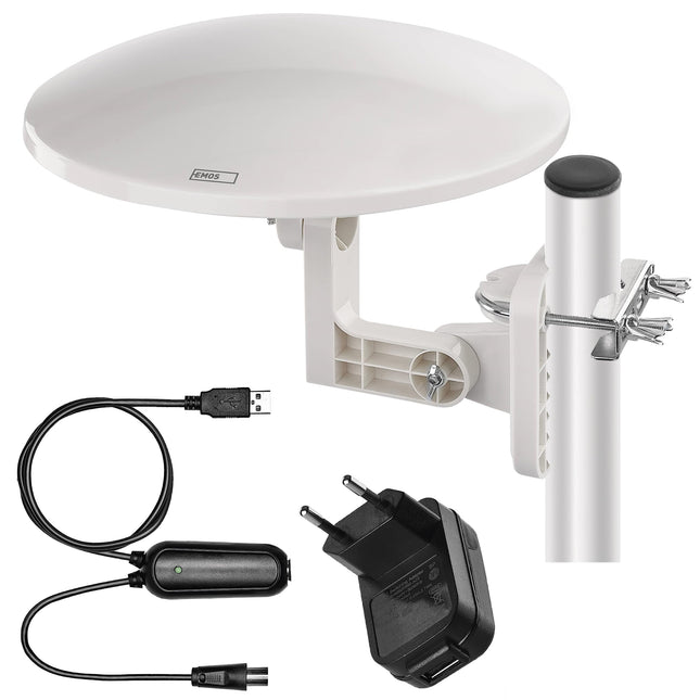 EMOS - Digitaalne antenn võimendiga - välitingimustesse - Active Antenn Village - 0-80 km ulatus - FM/DAB/DVB-T/DVB-T2 - Integreeritud LTE/4G/5G filter - 360° vastuvõtunurk - Ilmastikukindel, UV-kindel