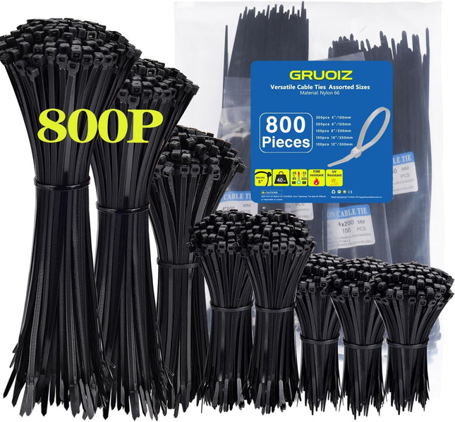 Cable ties black 800 pieces cable tie set | 3.6mm cable ties small 100/150/200/250/300mm cable ties UV-resistant black made of polyamide 6.6 wear-resistant 18 kg tensile strength