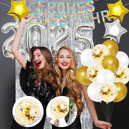 New Year's Eve Decoration 2025 XXL, 2025 New Year's Balloons Silver, Happy New Year Balloon Set, Silver Gold New Year's Decoration, New Year's Eve Party Set, New Year's Eve Confetti Photo Props New Year's Tinsel Curtain (White)