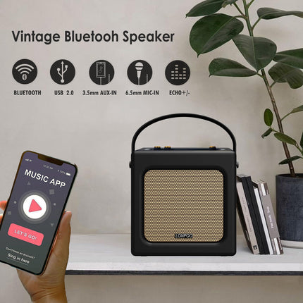 Retro Portable Boombox Bluetooth Speaker in Leather Look with Battery, 20W Compact Karaoke System with USB, Aux-IN, 6.5MM Microphone Jack, Type-C Charging