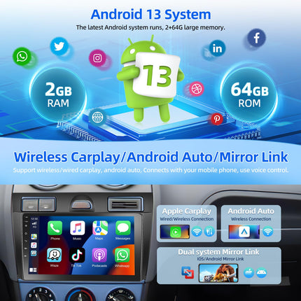 Podofo autoraadio Ford Fiesta Mk VI Mk5 2006-2011 koos Carplay, Android Auto, Android 13 2+64G 9'' puutetundliku ekraaniga raadio Bluetoothi, WiFi, GPS ja tahavaatekaameraga