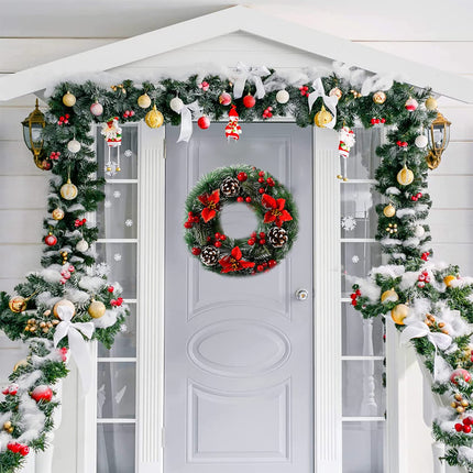 Christmas wreath, artificial Christmas wreath for the door, Christmas door wreath decoration with Santa Claus, flocked red berries, pine cones, for front door outdoor, decoration wreath