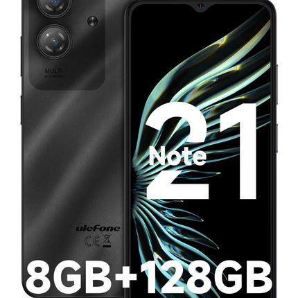 Ulefone Note 21 mobiiltelefon Android 14, 8 GB RAM + 128 GB ROM / SD-1TB, 6,56" HD+ Octa Core, 5000mAh aku, 13MP + 8MP kaamera, nutitelefon ilma lepinguta, Widevine L1 kahe SIM-kaardiga, 4G / sõrmejäljelugeja / näotuvastusega / GPS / OTG / FM, must