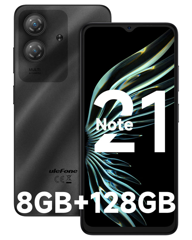 Ulefone Note 21 mobiiltelefon Android 14, 8 GB RAM + 128 GB ROM / SD-1TB, 6,56" HD+ Octa Core, 5000mAh aku, 13MP + 8MP kaamera, nutitelefon ilma lepinguta, Widevine L1 kahe SIM-kaardiga, 4G / sõrmejäljelugeja / näotuvastusega / GPS / OTG / FM, must