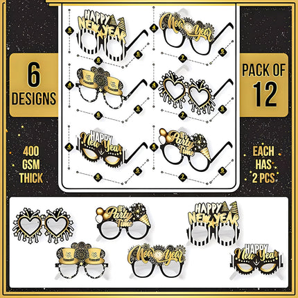 Bdecoll Glitter New Year's Eve Decoration 2025 Set, Happy New Year Glasses, 8pcs Black and Gold Party Hats New Year's Eve Decoration New Year's Eve Party Accessory for Christmas New Year Party Decoration